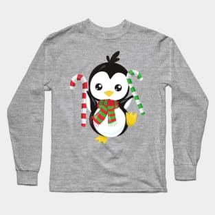 Christmas Penguin, Penguin With Scarf, Candy Cane Long Sleeve T-Shirt